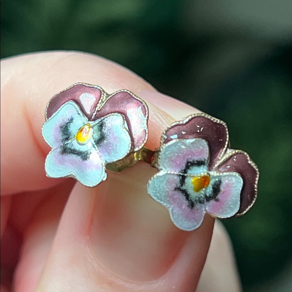 Vintage Pansy Flower Enamel Sterling Silver Stud Earrings Replacement Backs